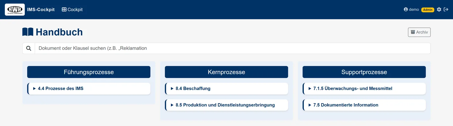 Prozesslandschaft mit gelenkten Dokumenten und Versionshistorie im IMS-Cockpit